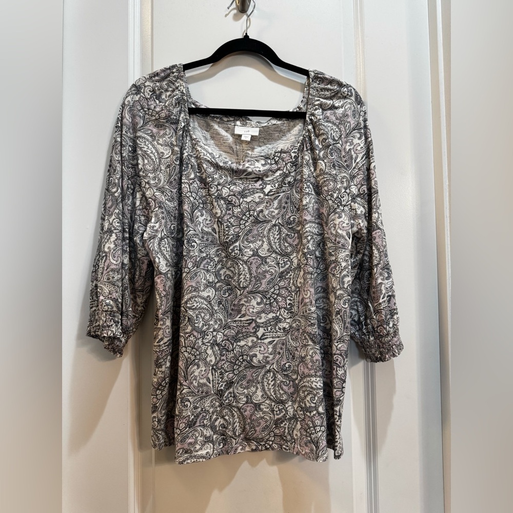 J JILL Lavender Paisley Square Neck Large 3/4 Sleeves Armpit To Armpit 22”